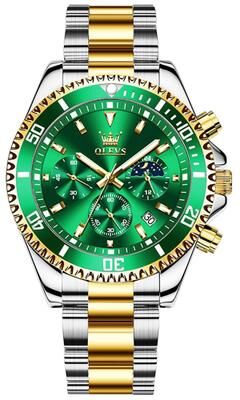 Everyday Crate OLEVS 2870 Mens Chronograph Watch Waterproof Quartz Watch With Stainless Steel Bracelet green + Gold