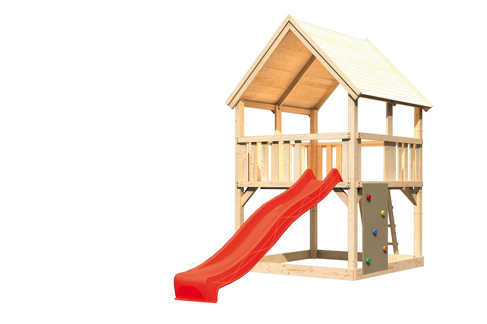 KARIBUHOLZT Akubi Spielturm Luis natur Rut. rot+Kletterwand 16938200