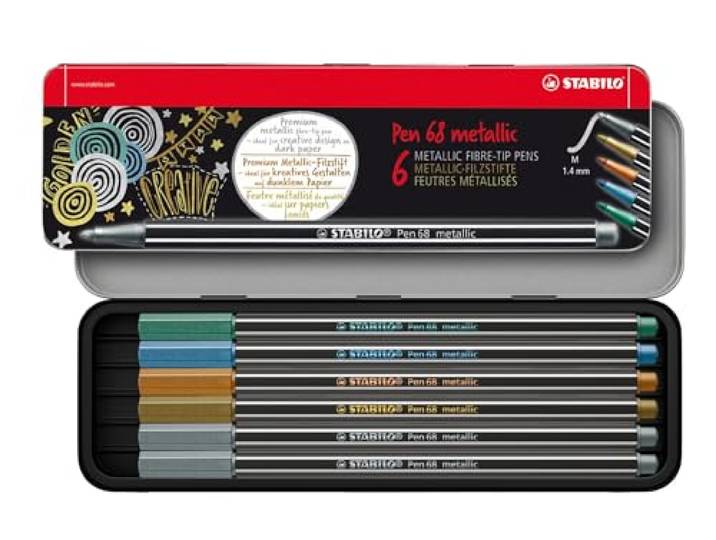STABILO - Premium metallic viltstift - Pen 68 metallic - Metalen etui met 6 stuks