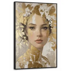 LEINWAND Bilder mit Rahmen - Gesicht - Frau - Blätter - Gold - 90x140