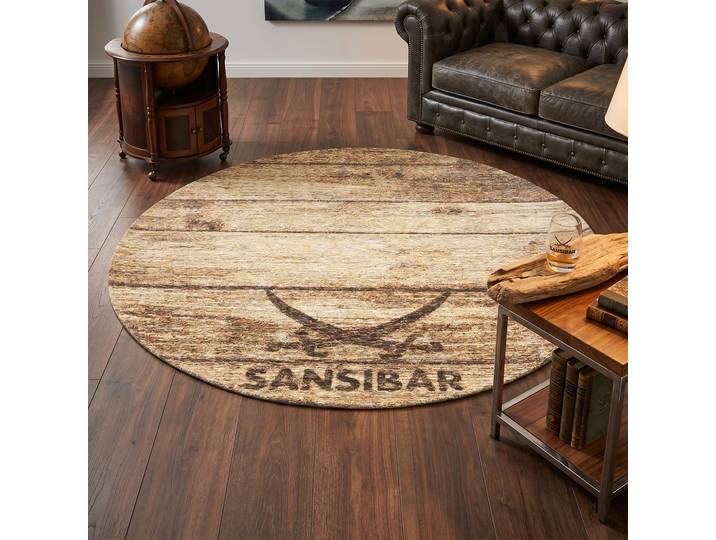 Teppich SANSIBAR Keitum 009 , braun, H:3mm Ø:160cm, Polyester, Teppiche, Teppich, Flachgewebe, Motiv Holzdielen & gekreuzte Säbel, auch in rund