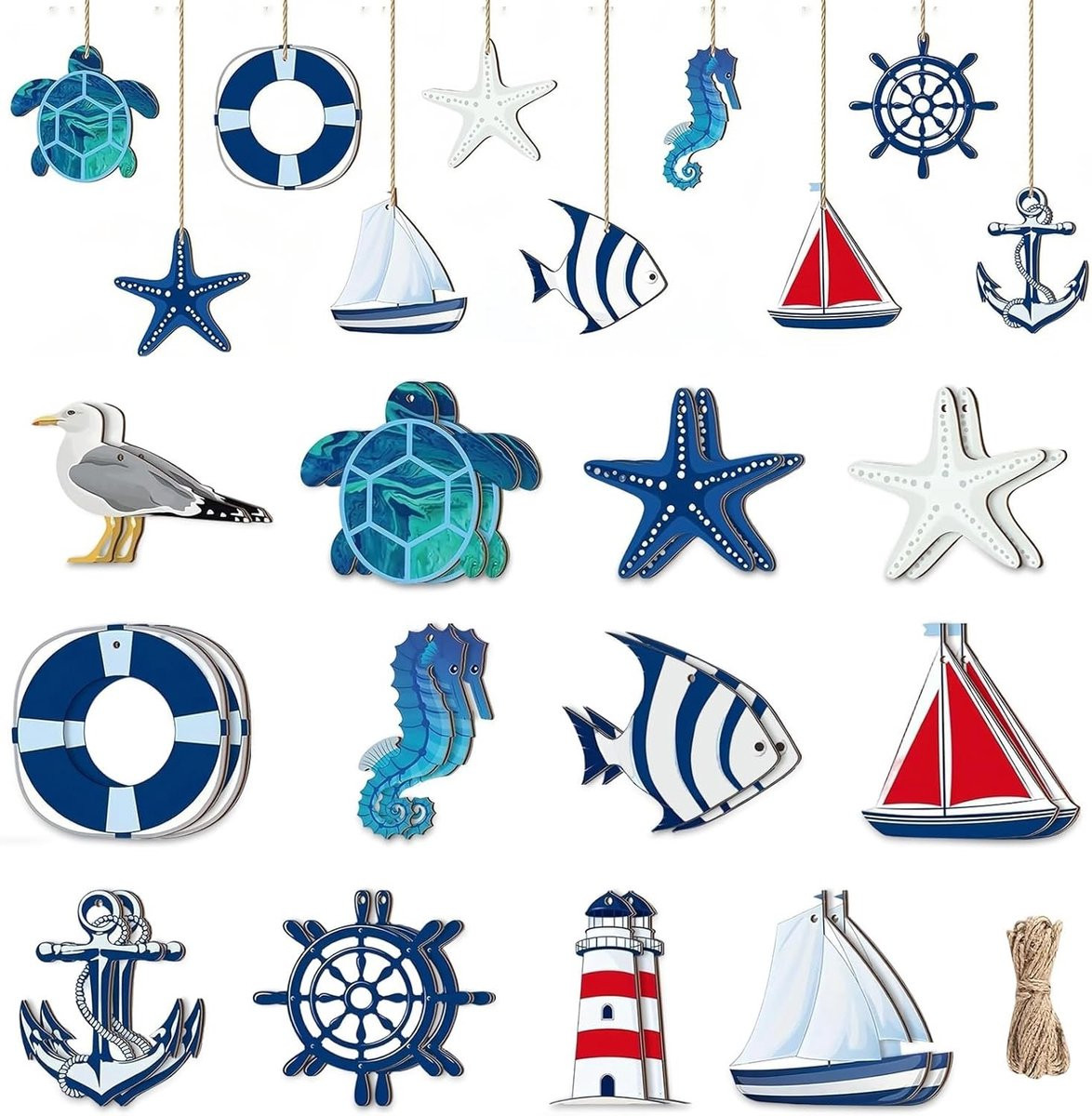 24-delige Maritieme Decoratie Set met Stuurwiel, Houten Anker, Reddingsring, Sterrenvis en Boot voor Muurdecoratie