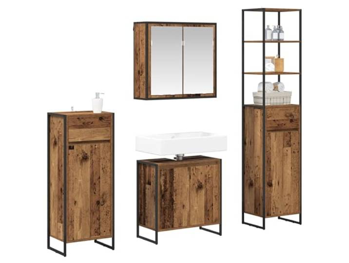 KTHLBRH Badezimmermöbel-Set aus Altholz, mehrschichtig Mit 6 Türen, 1 Schublade, Spiegel, 12 Einlegeböden, Stahl, 4 Stück