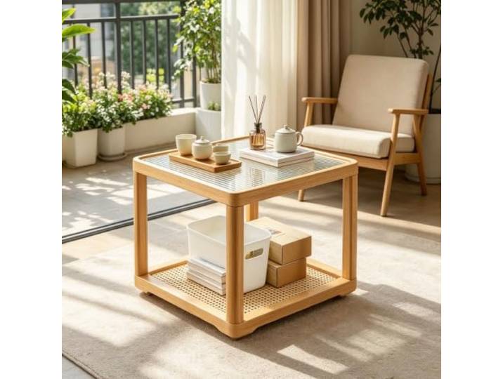 EBOYNSowAprr Couchtisch aus handgeflochtenem Rohr und gehärtetem Glas Moderner Rattan-Mitteltisch, Minimalistische quadratische Satztische für kleine Wohnungen(D23.6x21.3in)