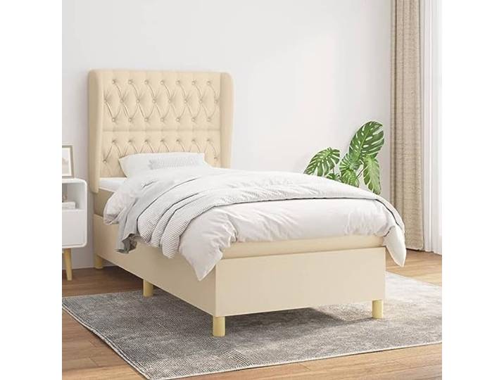 RJPLMFV Komplettes Bett, 100 x 200 cm, cremefarben, mit verstellbarem Kopfteil und Matratze