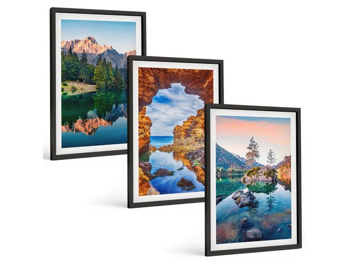 Tulup Bilder SET 3er Set - 40x60 cm Schwarzer Rahmen - Spiegelungen der Felsen in Bergseen, Kunststoff, Rechteckig, 40x60 cm, Fotografie, Bilder & Rahmen, Bilder