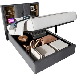 Polsterbett 90x200 mit Stauraum, kabellosem Laden und USB-Anschlüssen – Komfortables Design in Grau für modernes Schlafzimmer