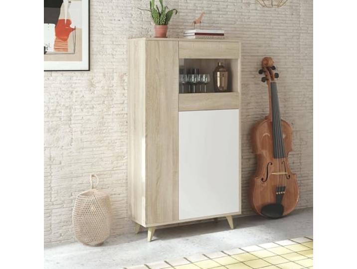 Dmora - Schaukasten Atlanta, Moderne Vitrine mit 3 Türen, Sideboard für Wohnzimmer oder Wohnzimmer, Hohes Sideboard mit Regalen, cm 77x33h142, Eiche und Weiß