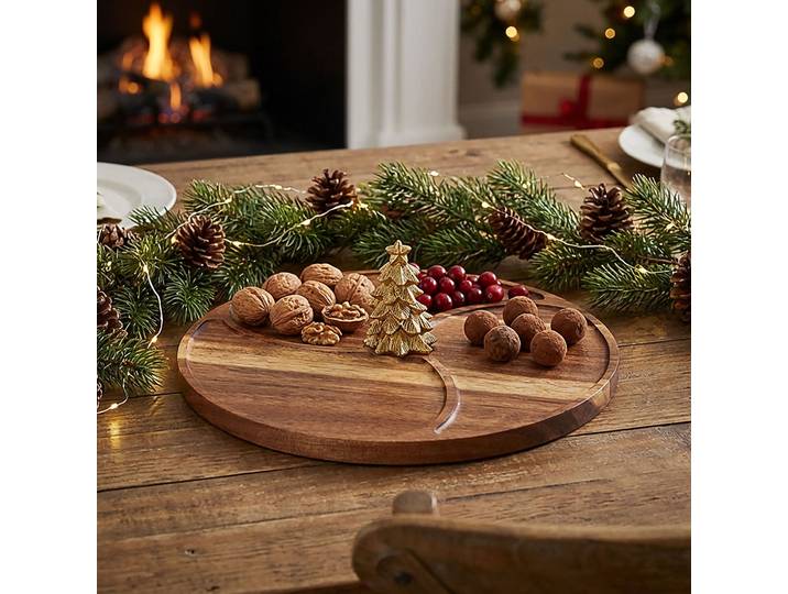 Akazienholz Serviertablett mit goldenen Weihnachtsbaum & 3 Fächern