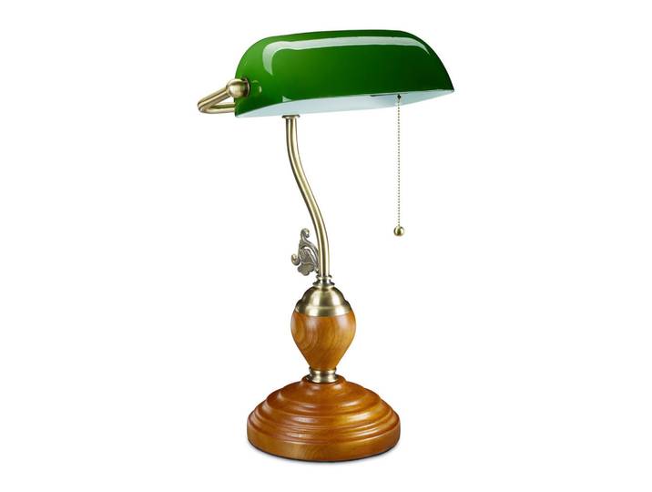 Relaxdays Bankerlampe Grün Messingoptik E27, Mehrfarbig, Holz, Metall, Glas, 27x45x17 cm, Lampen & Leuchten, Innenbeleuchtung, Tischlampen