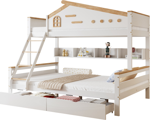 Etagenbett 90x200/140x200cm (ohne Matratze) Kinderbett mit Fallschutzgitter und Offenes Regal mit Fenster Schraegleiter und 2 Schubladen Weiss+Natur