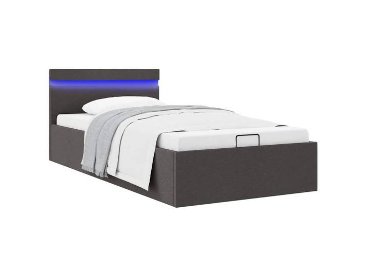furnicato Bettgestell 90 x 200 cm Dunkelgrau Stoff mit LED-Licht (1-tlg), Gasdruckfeder-Einzelbett mit LED-Beleuchtung und Bettkasten