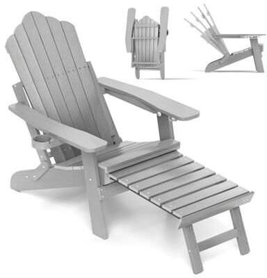 Costway All-Weather HIPS Patio Adirondack Lounge Chair with Retractable Footrest-Gray
