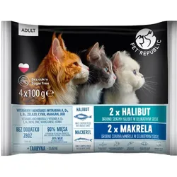 PetRepublic Flow Pack Katzenfutter (Nassfutter) in Beuteln, Heilbutt und Makrele 4x100g