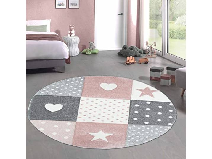CARPETIA Kinderteppich Rund Herz-Stern-Muster Rosa Creme Grau Ø 200 cm Weich, pflegeleicht, strapazierfähig und allergikergeeignet, handgeschnittene 3D-Optik, OEKO-TEX geprüft, schadstofffrei