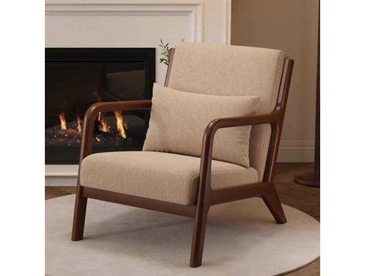 Sessel Retro Loungesessel Holzsessel Sessel Wohnzimmer Polsterstuhl Einzelsofa weiches Kissen Moderner Relaxsessel mit Lendenkissen for Wohnzimmer/Schlafzimmer/Empfangsbereich(Brown)