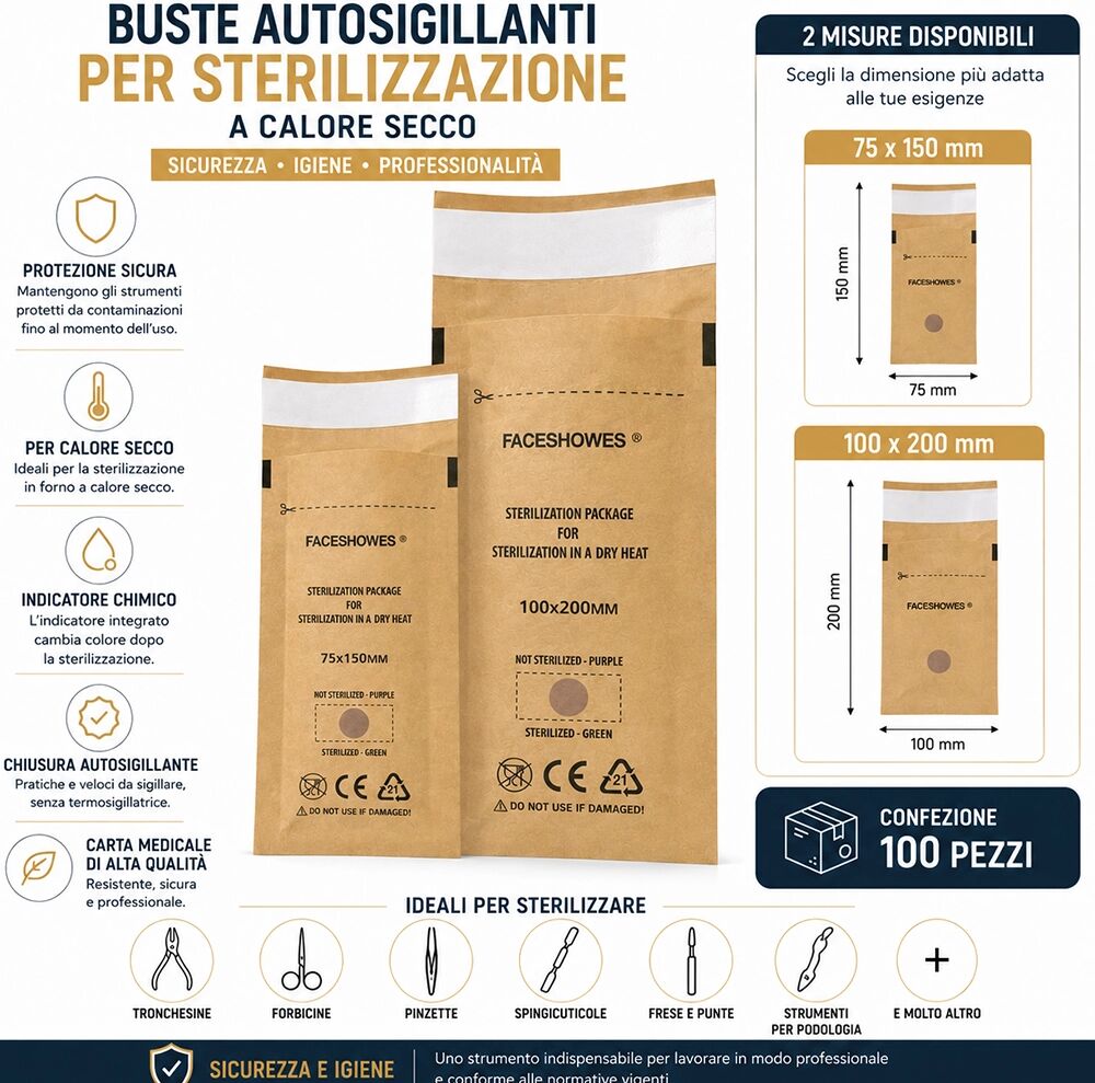 Tuttoperlestetica Buste Autosigillanti per Sterilizzazione a Calore Secco Bustine da 75x150 mm o 100x200 mm 100 Pezzi 100 x 200 mm