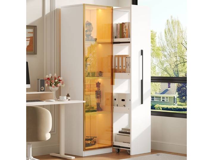 Vitrine LED intégrée - ELVMI - module latéral coulissant verre MDF blanc 70 × 40 × 160 cm