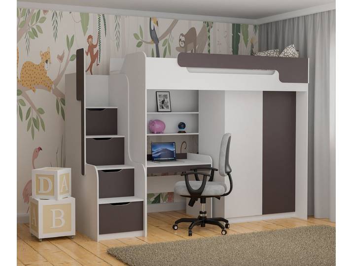 Möbel-Zeit Hochbett Hochbett DORIAN mit Schreibtisch und Schrank