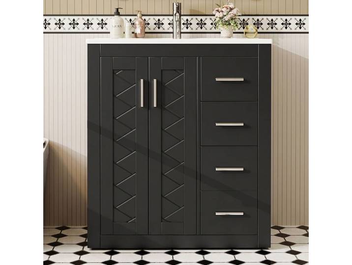 Norevia meuble vasque noir sur pied avec vasque intégrée en céramique 76 cm