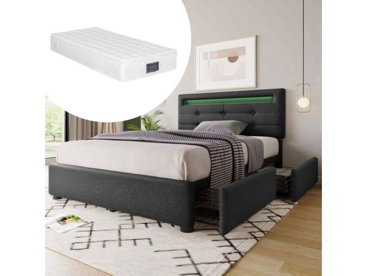 Lit Coffre 90x200cm Lit Simple - Éclairage LED - 2 Tiroirs - Tête de Lit Réglable