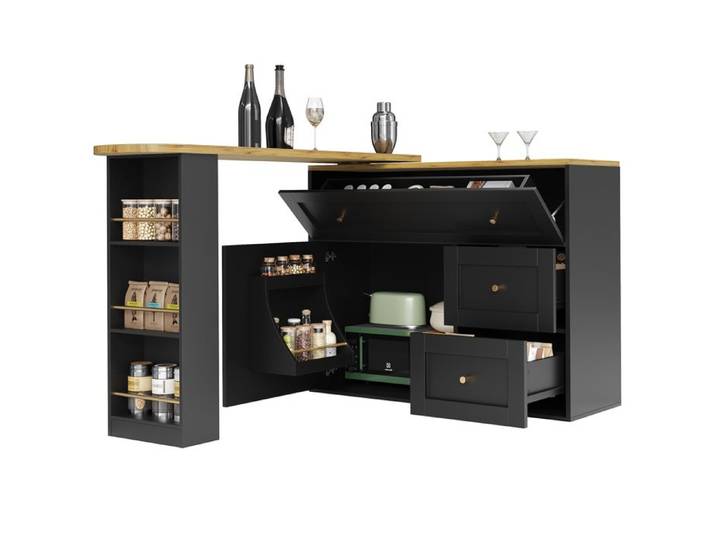 Îlot de cuisine - Îlot de Cuisine Extensible - Extensible 138-204×39×105 cm - Plateau rotatif 360° - 2 tiroirs & étagère