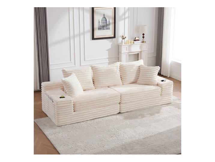 OKWISH Sofa Loungesofa, mit Sitzkompressions-Funktion, hoher Rückenlehne, Zusatzkissen, beidseitigen Taschen und Getränkehaltern – Frei als Schlafsofa kombinierbar