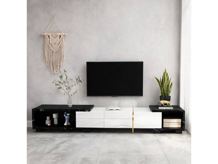 Meuble TV contemporain marbre noir et blanc longueur réglable 140-260 cm portes dorures
