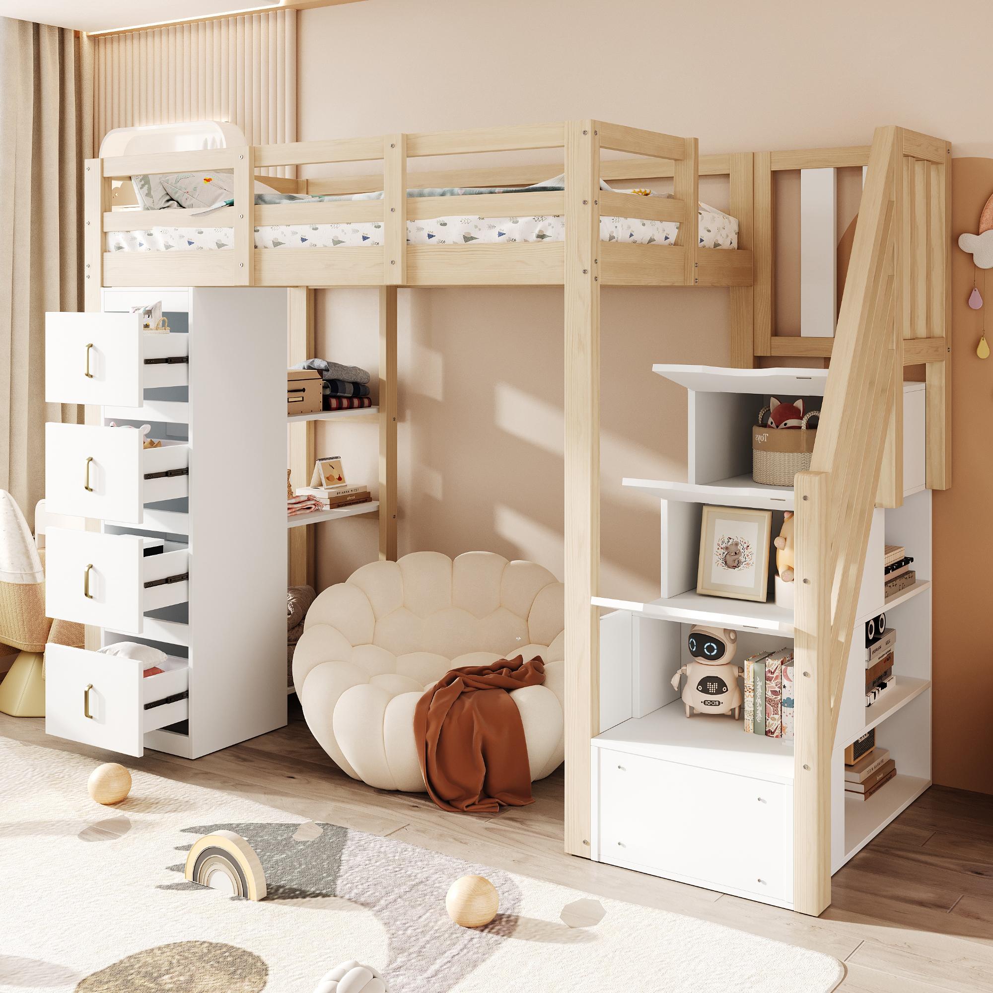 Hochbett 90x200 cm Naturholz aus Kiefernholz, Sperrholz, MDF mit Stauraumschubladen und Regal für Schlafzimmer