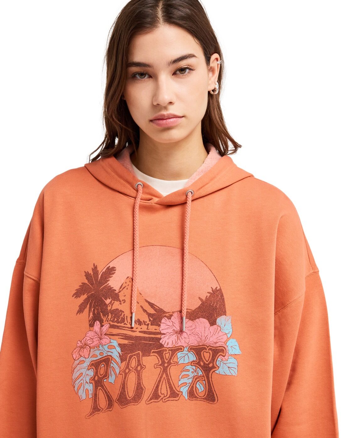 Hoodie ROXY "Lineup Oversized", Damen, Gr. S, orange (apricot brandy), Obermaterial: 55% Baumwolle, 25% Baumwolle, 20% Polyester., Sweatshirts Hoodie