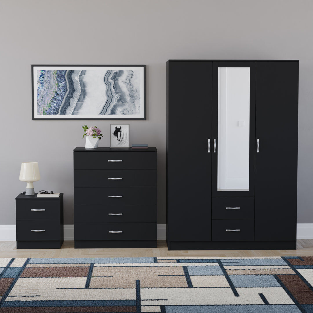 17 Stories Maybery 3 Piece Bedroom Set (2 Drawer Bedside Chest, 5 Drawer Chest, 3 Door 2 Drawer Mirrored Wardrobe), (5) Black