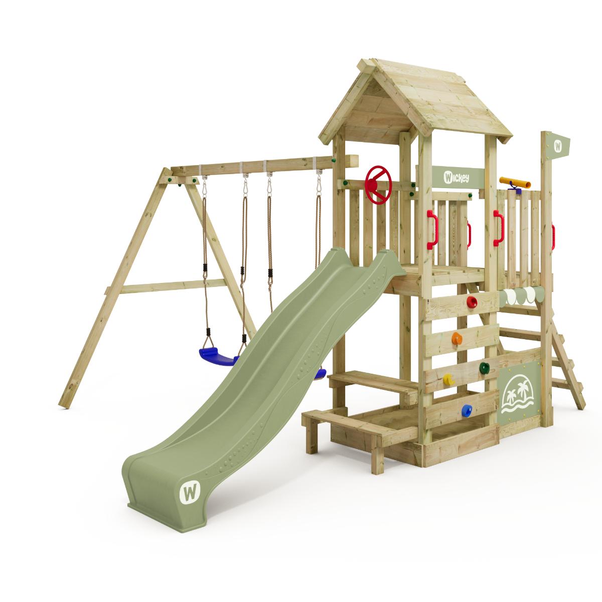 Spielturm ArtFlyer mit Sandkasten, Wellenrutsche und Picknicktisch für Garten - Massivholz Kletterturm mit Schaukelanbau Spielgerät - Wickey
