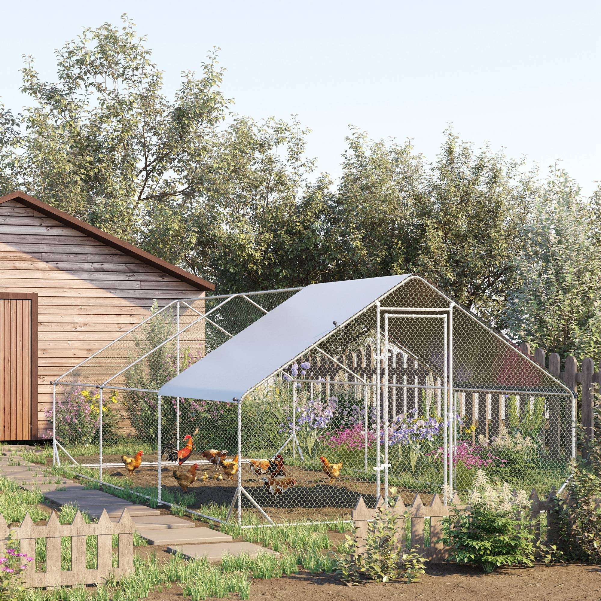 Pawhut Pollaio da Giardino con Telaio Zincato, Copertura Impermeabile e Rete Esagonale, 3x6x2m, Argento   Aosom Italy