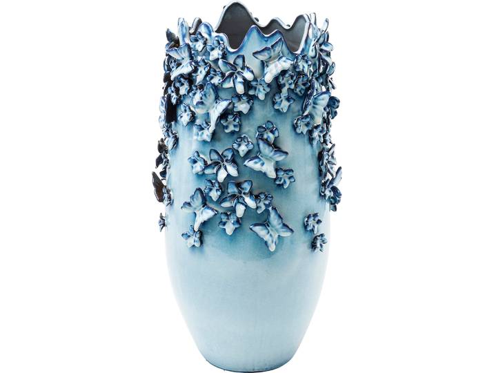 Dekovase KARE DESIGN Butterflies Lightblue 50cm , blau, B:28cm H:49,5cm T:28cm, Steingut, Vasen, Dekovase