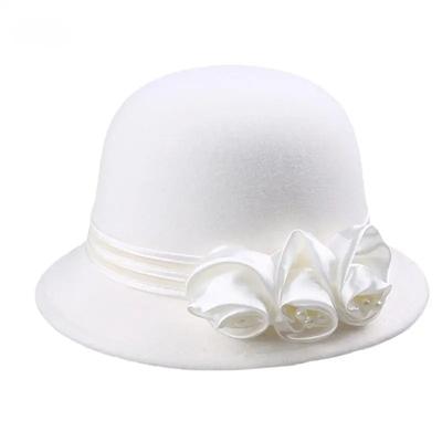 Elegant Rose Pearl Wool Church Hat For Women white