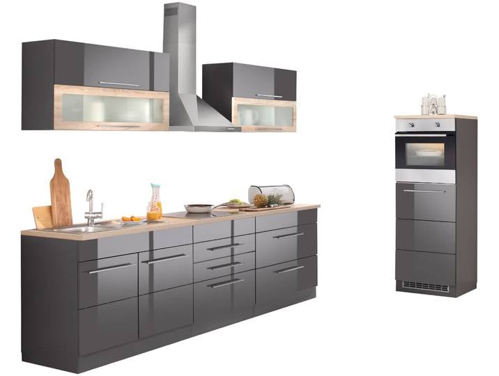 Küchenzeile, Grau Hochglanz, 340x60 cm, MDF & Spanplatte, Mit E-Geräten, Modern