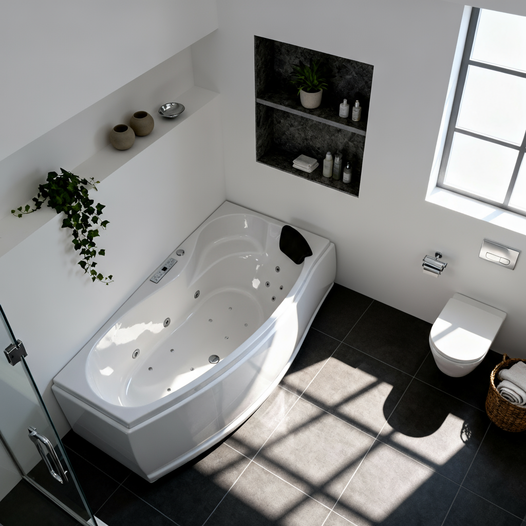 Indoor Whirlpool Eck-Raumsparbadewanne 160x90 Links cm, 17 Massagedüsen Heizung LED, Einbau, 1 Person, Caribia MINI CORNER Deluxe, Made in Germany