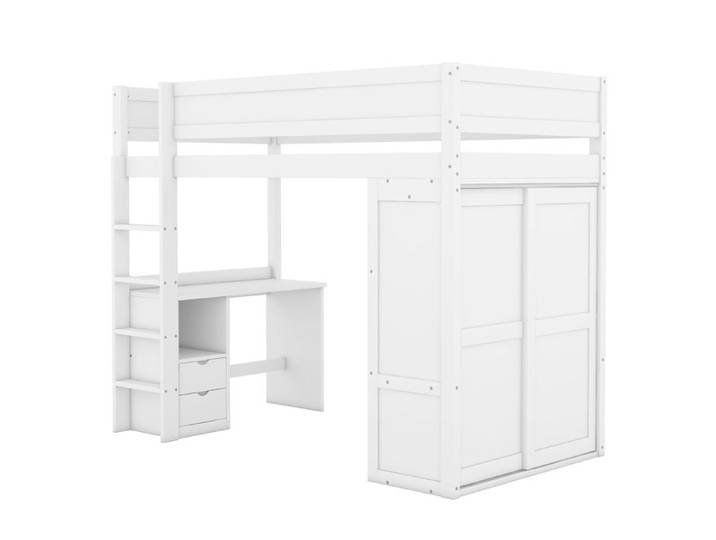 Lit Mezzanine Blanc avec Bureau Penderie Escalier et Tiroirs Lit Haut pour Enfant 90x200 cm