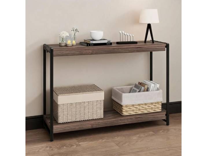 KOIOPLIE Table console étroite 100 cm 2 niveaux table d'entrée industrielle avec étagères meuble derrière canapé - Dark Walnut