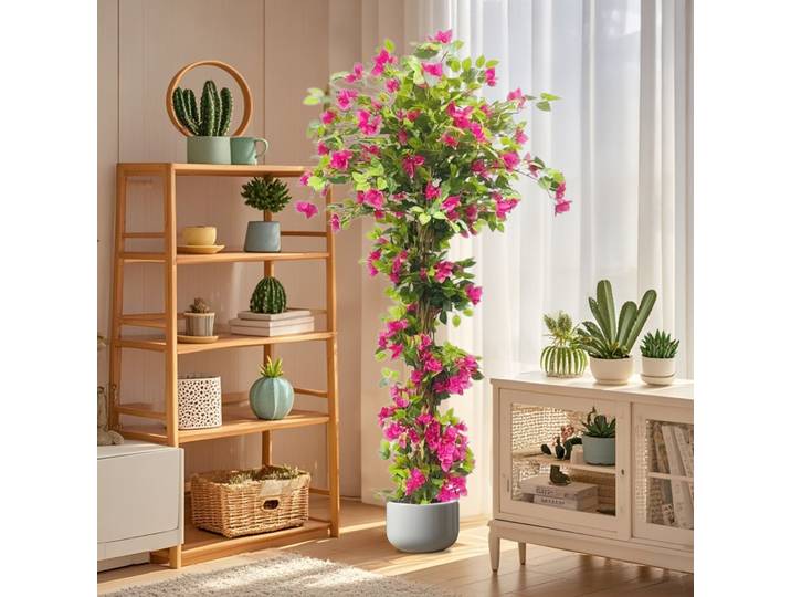 Arbre de bougainvillea artificiel 185cm/210cm, fausses plantes avec tronc en bois et fleurs roses pour décoration intérieure et extérieure de bureau et de maison