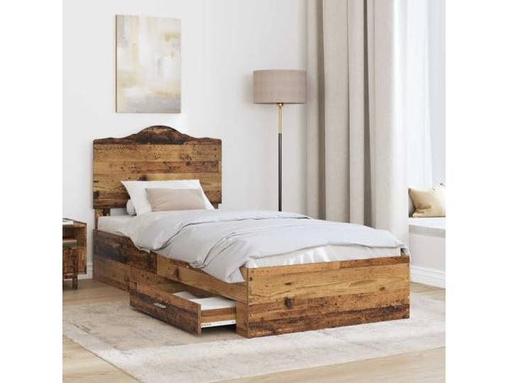 KTHLBRH Bettgestell aus altem Holz, 100 x 200 cm Mit Kopfteil, Schubladen, Höhe 32 cm, einfache Montage