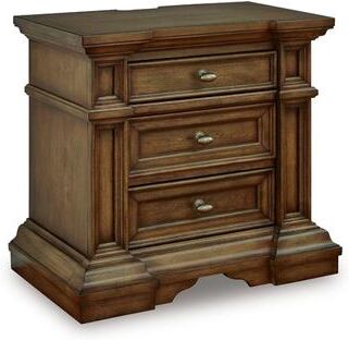 Benjara Lesa Nightstand, 3 Drawers with Antique Brass Oval Knobs, Brown 32Inch