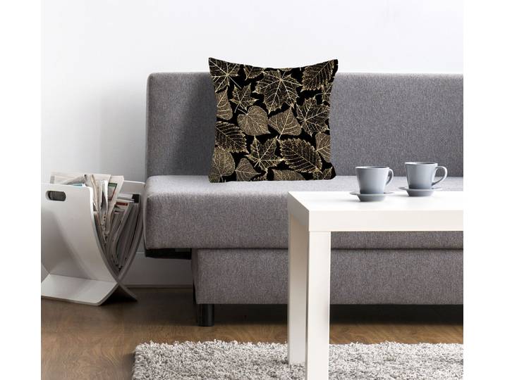 Dekokissen QUEENCE Claudia , schwarz (schwarz, braun, goldfarben, bedruckt), B:40cm L:40cm, Polyester, Dekokissen_Sitzkissen_Kissenhüllen, Dekokissen, mit goldenen Herbstlaub