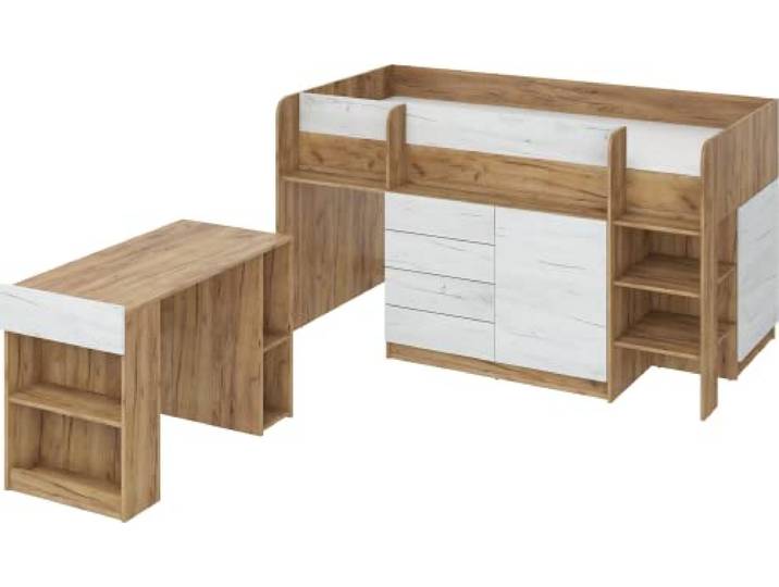 FurnitureByJDM Hochbett mit Schreibtisch, Schubladen & Bücherregal Platzsparendes Kinderbett 90x200 cm Matratzengröße – Rechtsseitige Treppe – SMILE (Craft Weiß/Craft Gold)