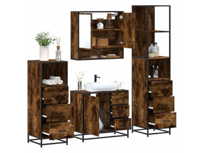 ZQQLVOO 4-TLG. Badmöbel-Set Räuchereiche Holzwerkstoff Waschbeckenunterschrank,Spiegelschrank,Lowboard,Metallgestell,Wandmontage,Stauraum,industrielle Optik