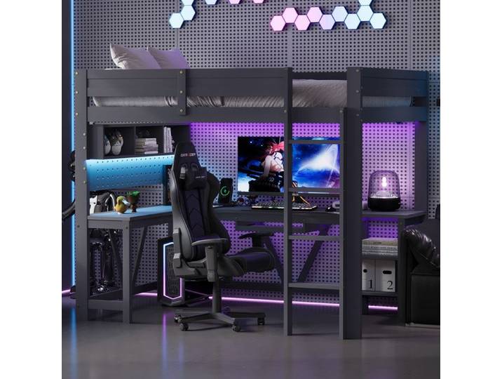 Lit mezzanine 90 x 200 cm Gaming-lit mezzanine en bois avec bureau Éclairage LED et station de recharge Fentes Gris