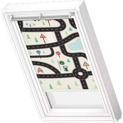 Verdunklungsrollo VELUX "DKL 4655SWL, Motiv: Kids Straßen", weiß (kids straßen, weiß), CK06, stufenlos positionierbar, Polyester, Rollos, Verdunklungsrollo, weiße Führungsschienen & Griffleiste