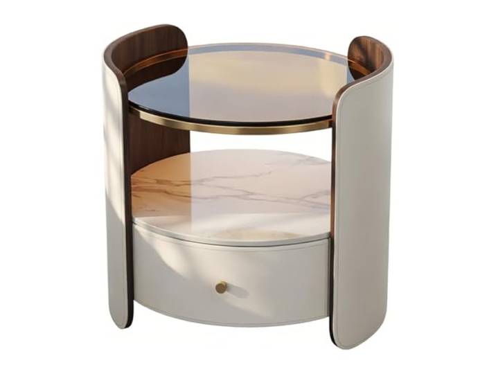 Vielseitig Nachttisch mit zylindrischem Korpus, Glasplatte und Steinplatte Regal mit 1 Schublade for Schlafzimmer(Weiß)