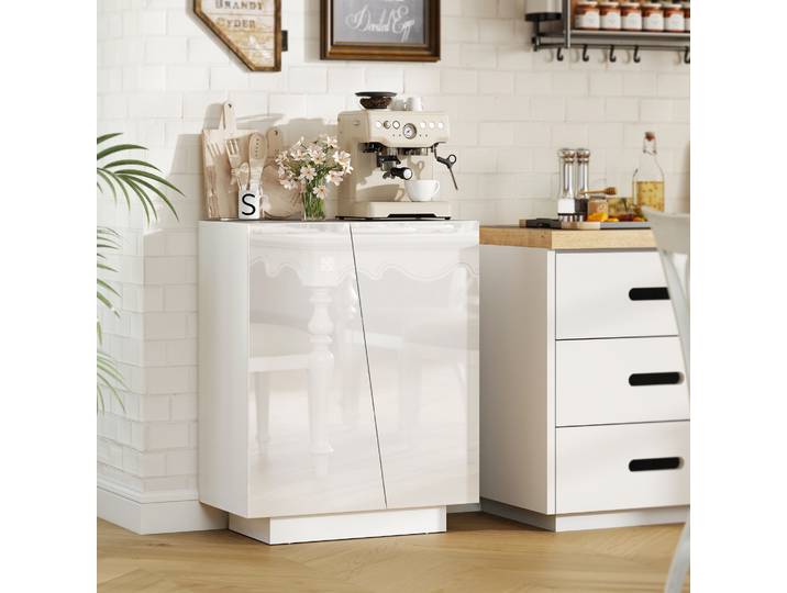 HOMCOM Buffet Blanc Brillant 70x40x88cm avec Placard et Étagère