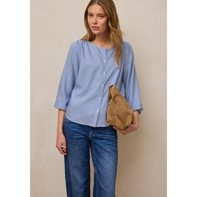 Carmenbluse STREET ONE STUDIO, Damen, Gr. 44, original blau, Stoff, 65% Polyester, 35% Viskose, gestreift, normal normal, Rundhals, elastischer Bund, Blusen, im Seersucker-Style mit Streifen